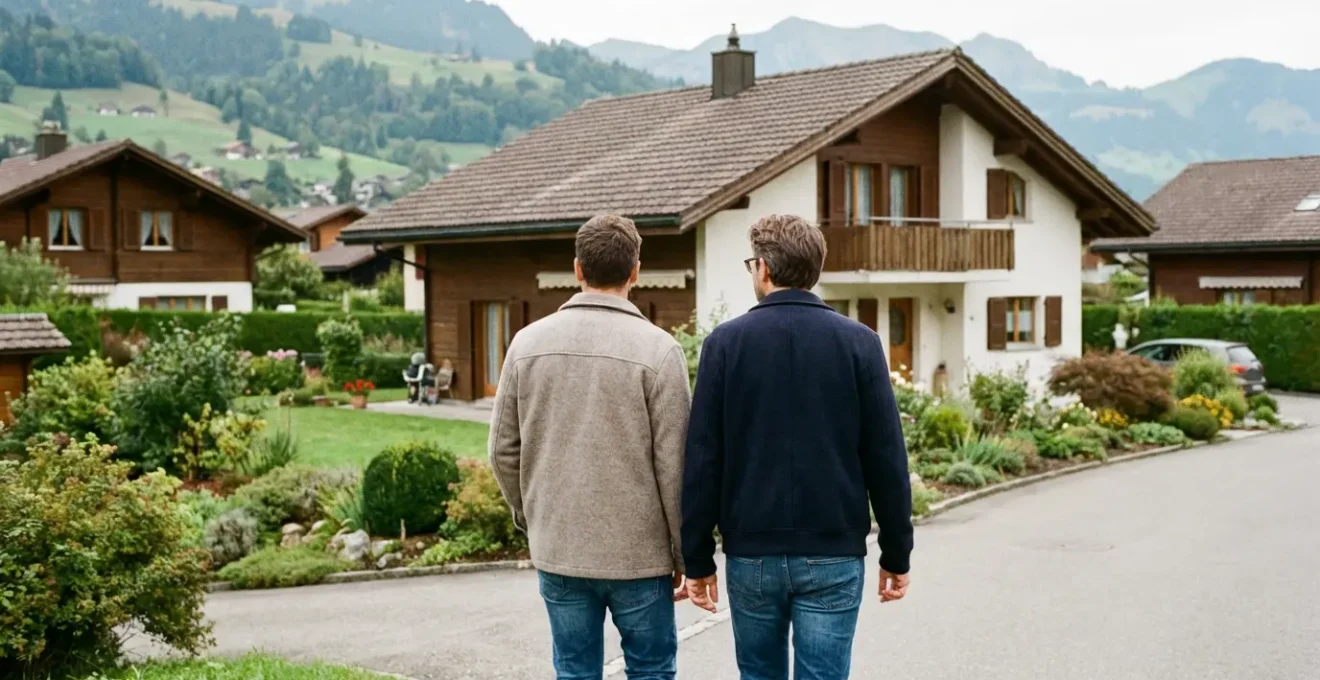 Paar in Winterjacken spaziert durch ein ruhiges Schweizer Wohnquartier und betrachtet Einfamilienhäuser