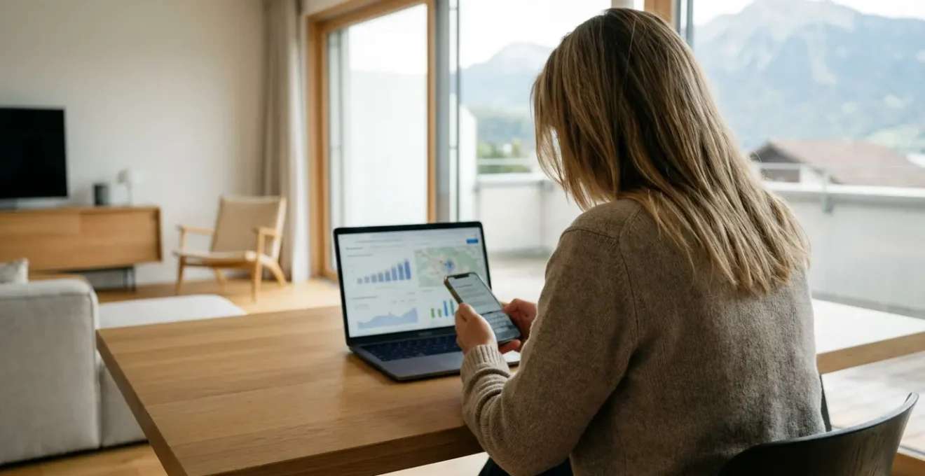 Person an modernem Arbeitsplatz recherchiert Immobilienpreise auf Laptop mit Smartphone daneben