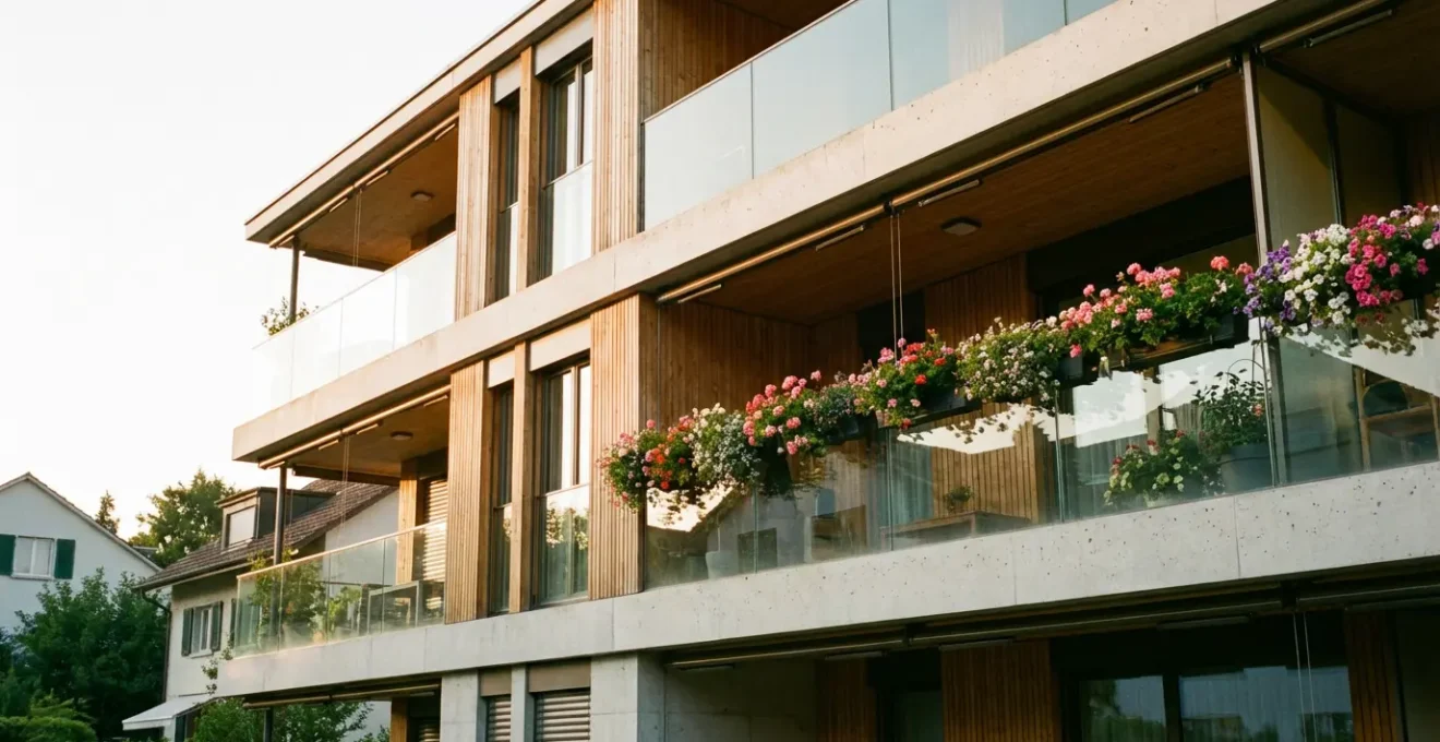 Fassade eines modernen Schweizer Wohngebäudes mit verglasten Balkonen und hochwertigem Finish